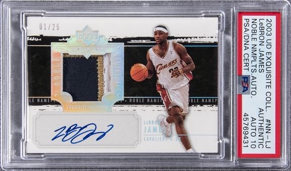 2003-04 UD "Exquisite Collection" Noble Nameplates #LJ LeBron James Signed Game Used Patch Rookie Card (#01/25) – PSA Authentic, PSA/DNA 10